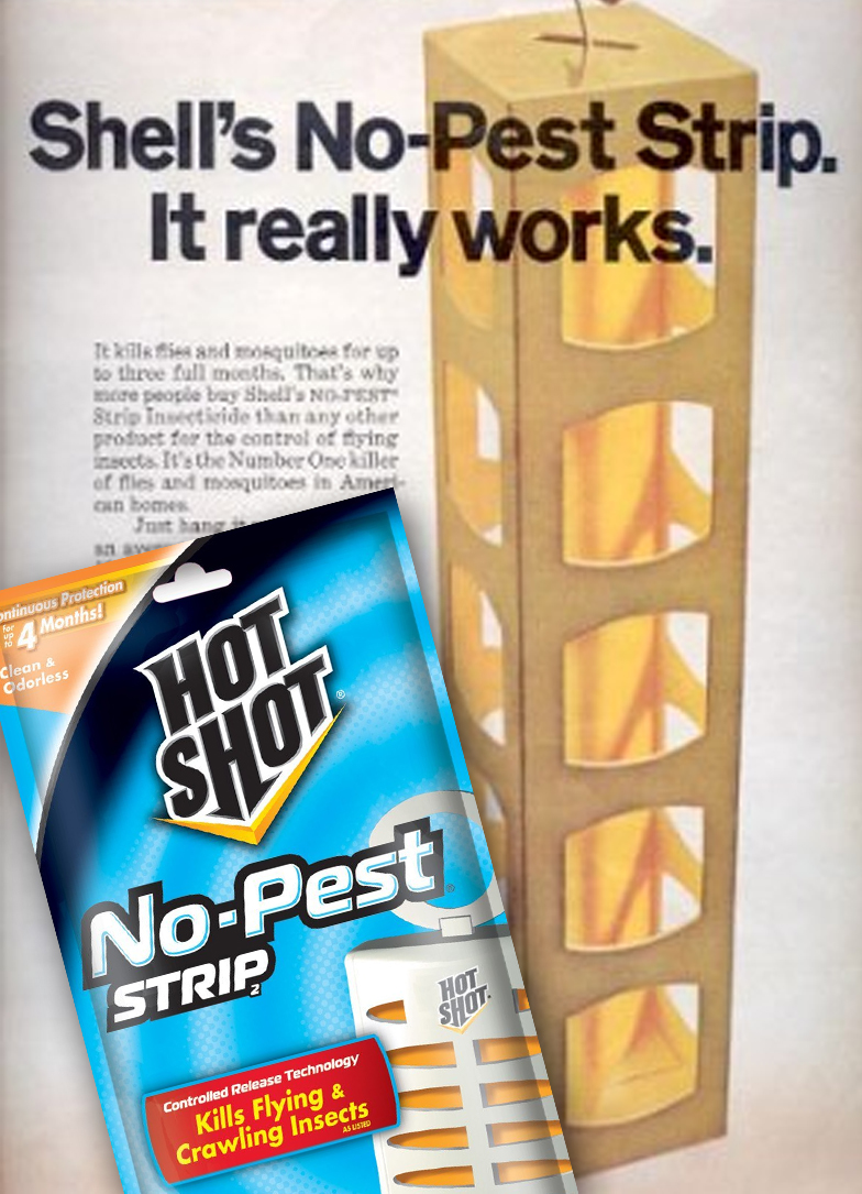 Vintage Shell no pest strip ad, and new Hot Shot strip