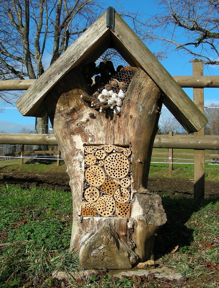This creative bee hotel uses bamboo and holes of the proper sizes drilled in logs